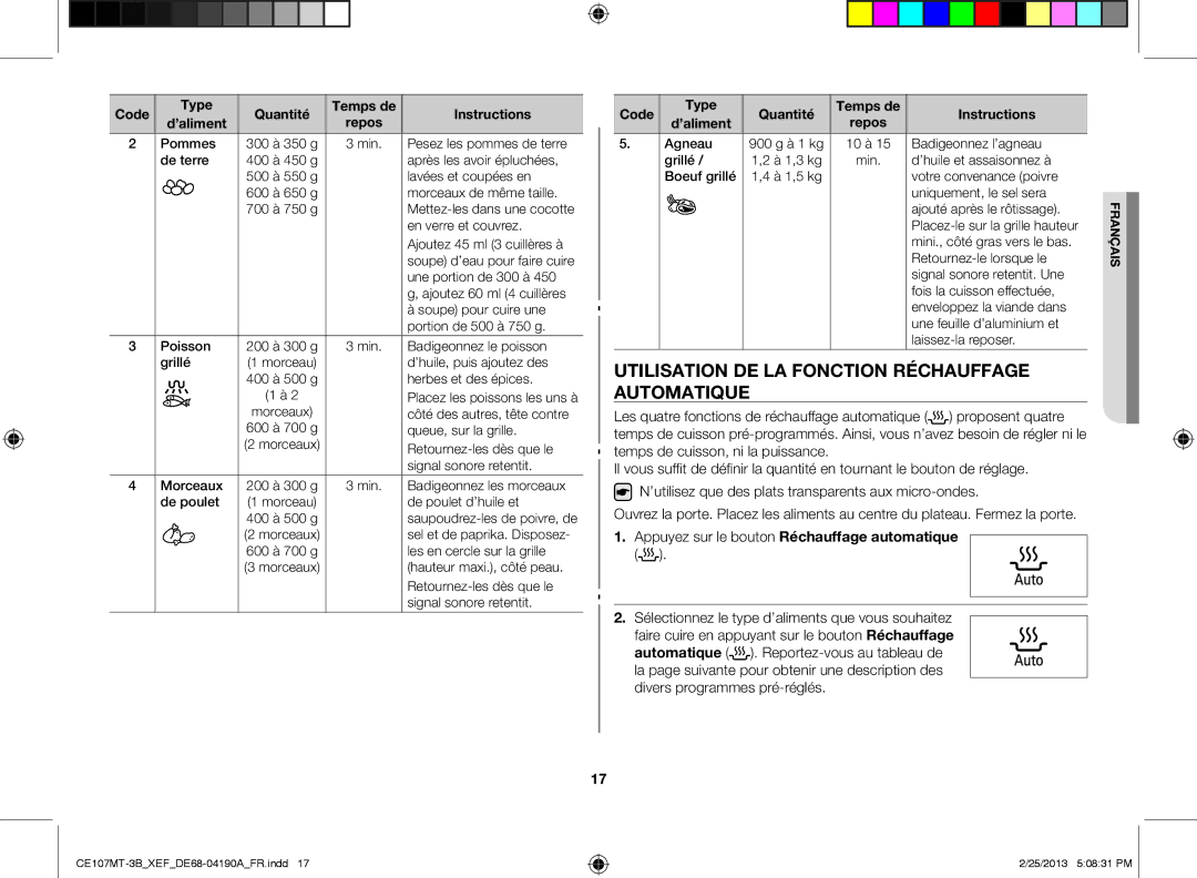 Samsung CE107MT-3B/XEF, CE107MT/XEF manual Utilisation de la fonction réchauffage automatique 