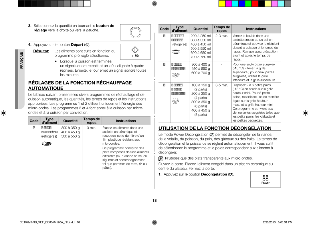 Samsung CE107MT/XEF Réglages de la fonction réchauffage automatique, Utilisation de la fonction décongélation, Code Type 