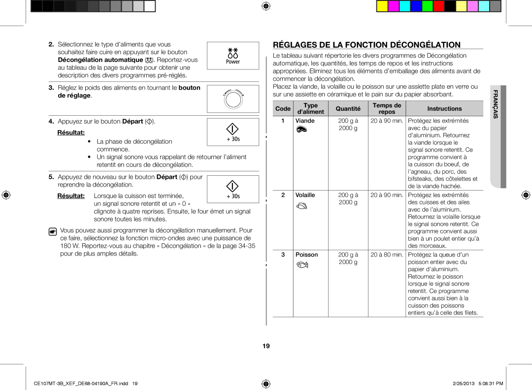 Samsung CE107MT-3B/XEF, CE107MT/XEF manual Réglages de la fonction décongélation 