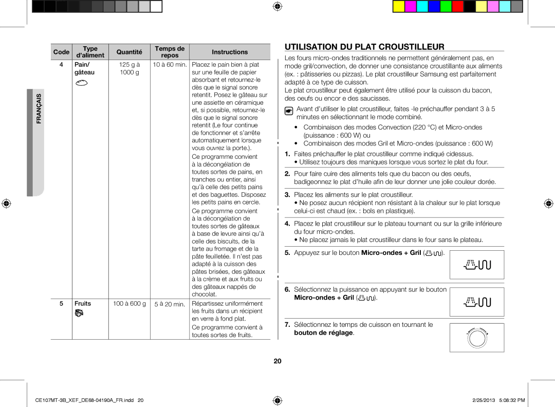 Samsung CE107MT/XEF, CE107MT-3B/XEF manual Utilisation du plat croustilleur, Micro-ondes + Gril 