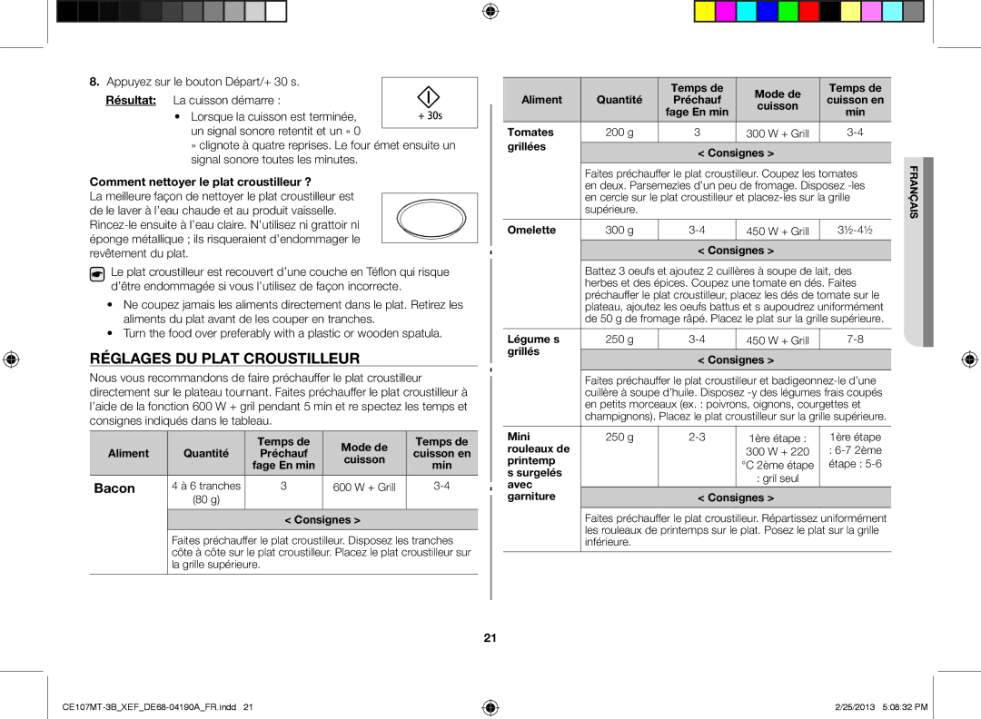 Samsung CE107MT-3B/XEF, CE107MT/XEF manual Réglages du plat croustilleur, Comment nettoyer le plat croustilleur ? 