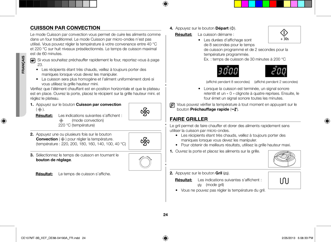 Samsung CE107MT/XEF manual Cuisson par convection, Faire griller, Les durées d’affichage sont de 8 secondes pour le temps 