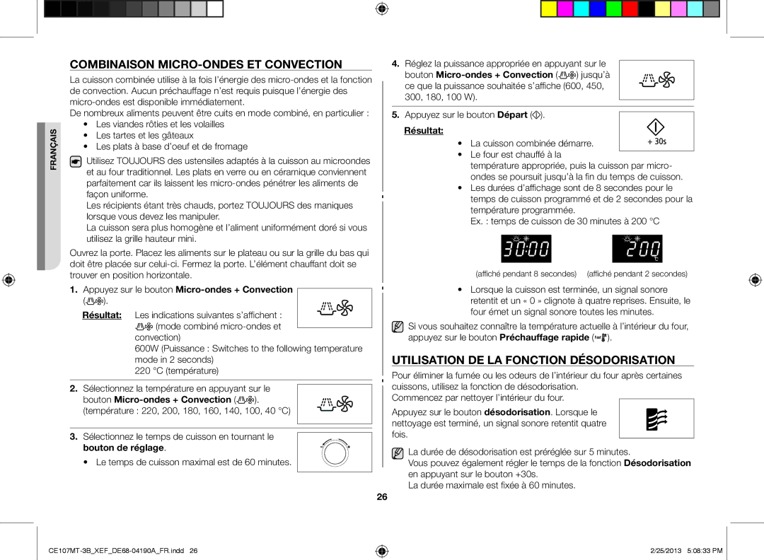 Samsung CE107MT/XEF, CE107MT-3B/XEF manual Combinaison micro-ondes et convection, Utilisation de la fonction désodorisation 