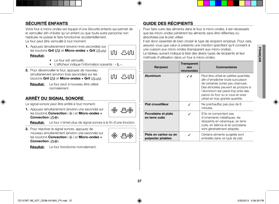 Samsung CE107MT-3B/XEF, CE107MT/XEF manual Sécurité enfants, Arrêt du signal sonore, Guide des récipients 