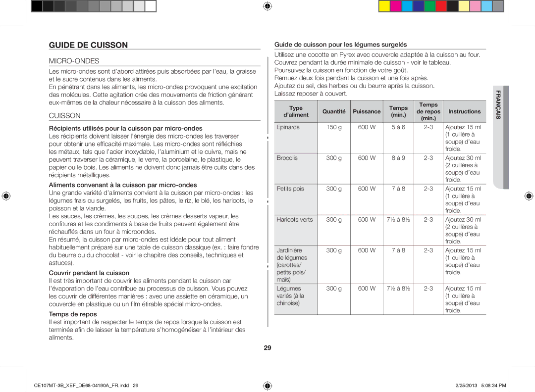 Samsung CE107MT-3B/XEF, CE107MT/XEF manual Guide de cuisson, Micro-Ondes, Cuisson 