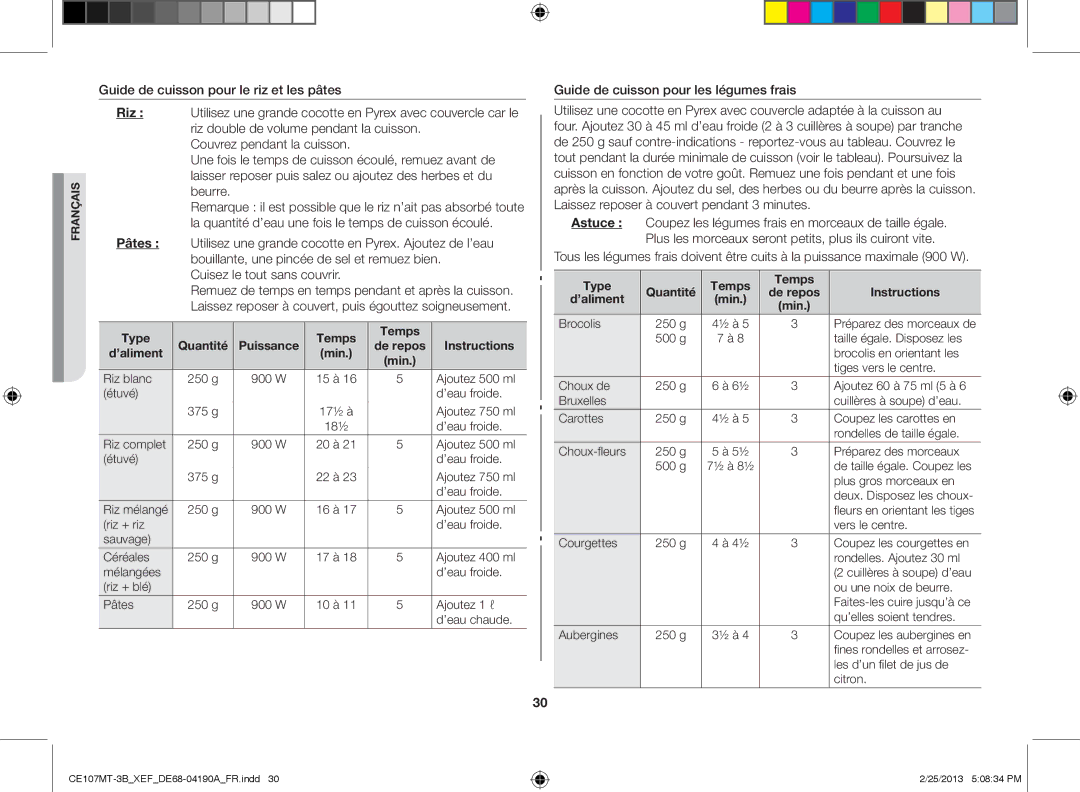 Samsung CE107MT/XEF, CE107MT-3B/XEF manual Type Temps Quantité, Type Quantité Temps, ’aliment Min 