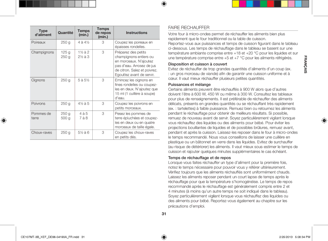 Samsung CE107MT-3B/XEF, CE107MT/XEF manual Faire Rechauffer 