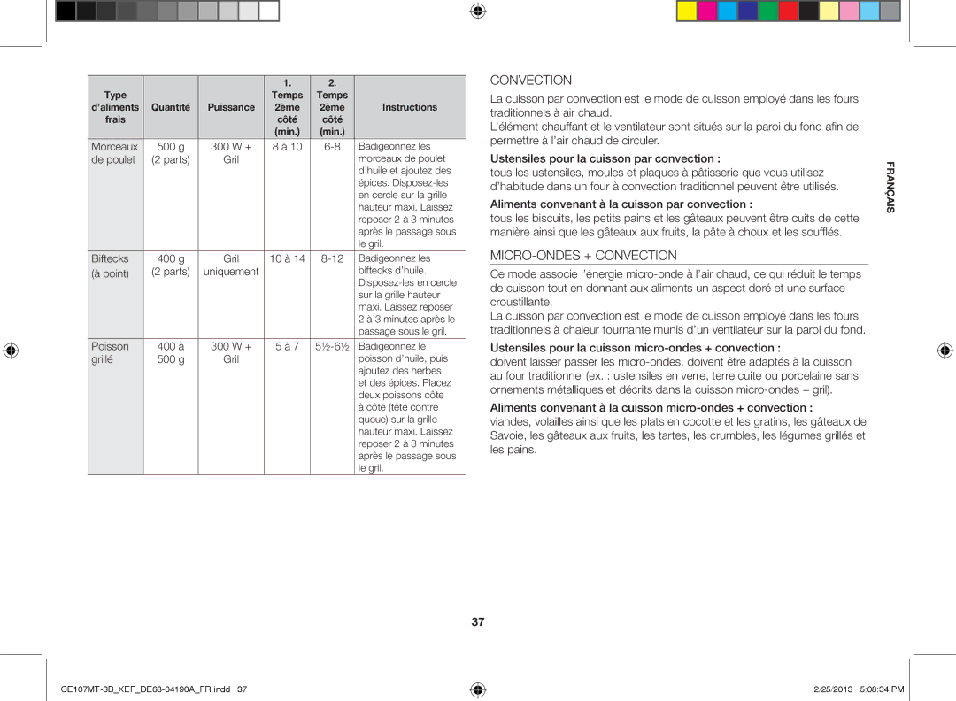 Samsung CE107MT-3B/XEF, CE107MT/XEF manual MICRO-ONDES + Convection, Biftecks, Point, ½-6½ 