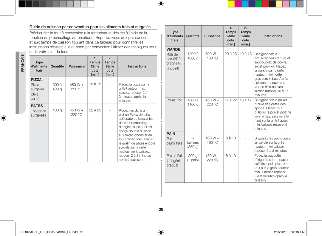 Samsung CE107MT/XEF manual Déjà, Cuite, Lasagnes, Surgelées, Rôti de, Bœuf/Rôti, ’agneau, Poulet rôti, Pains frais, Précuit 