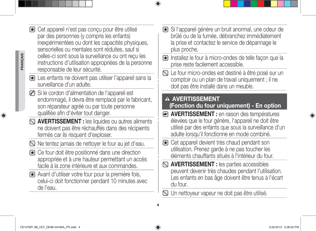 Samsung CE107MT/XEF, CE107MT-3B/XEF manual Un nettoyeur vapeur ne doit pas être utilisé 