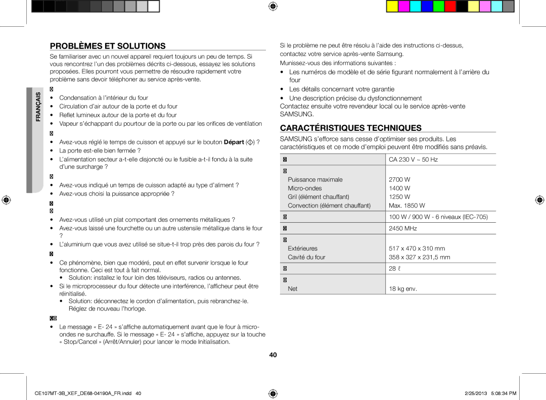 Samsung CE107MT/XEF manual Problèmes et solutions, Caractéristiques techniques, Les aliments ne sont pas du tout cuits 