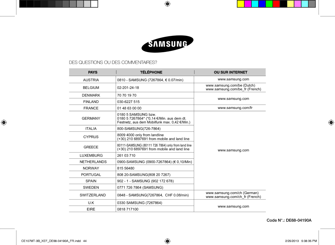 Samsung CE107MT/XEF manual Samsung 7267864, € 0.07/min, 0180 5 Samsung bzw, SAMSUNG726-7864, 8009 4000 only from landline 