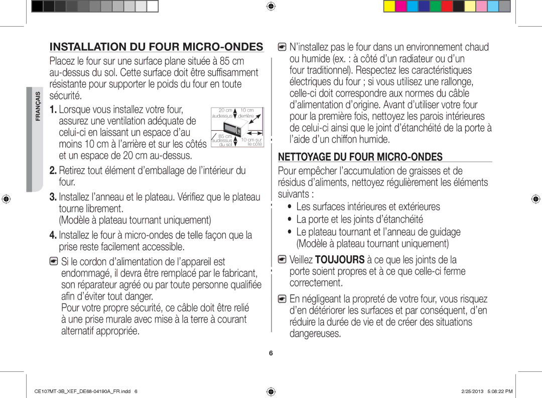 Samsung CE107MT/XEF, CE107MT-3B/XEF manual Installation du four micro-ondes 