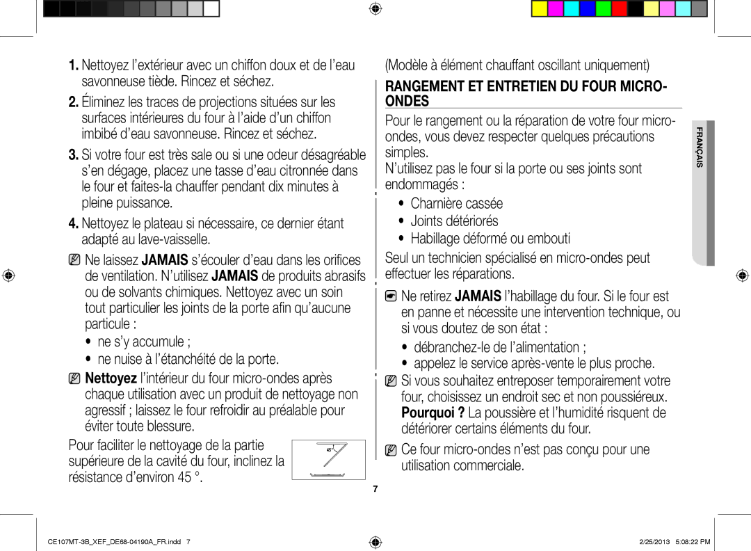 Samsung CE107MT-3B/XEF, CE107MT/XEF manual Rangement et entretien du four micro- ondes 