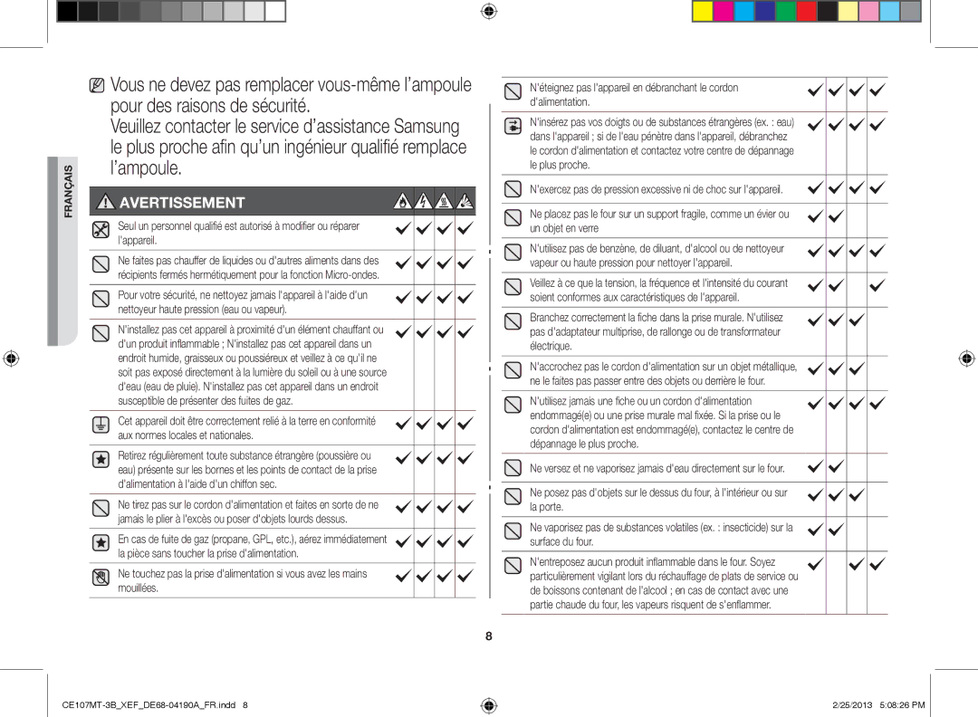 Samsung CE107MT/XEF, CE107MT-3B/XEF manual Pour des raisons de sécurité 