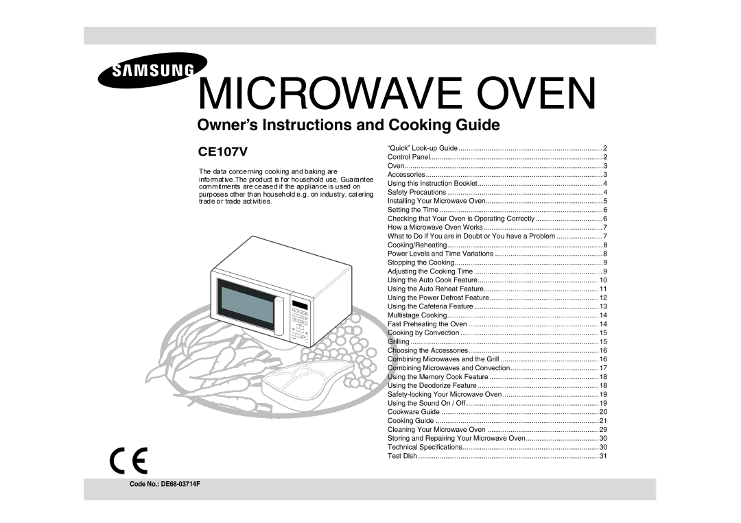 Samsung CE107V-B/XEO, CE107V/XEH manual Microwave Oven, Code No. DE68-03714F 