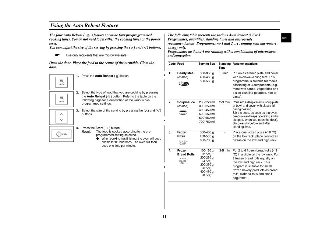 Samsung CE107V-B/XEO, CE107V/XEH manual Using the Auto Reheat Feature 