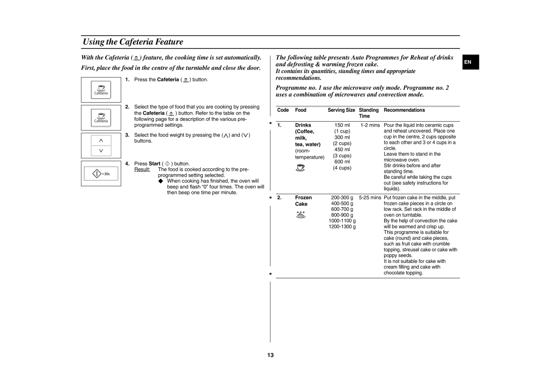 Samsung CE107V-B/XEO, CE107V/XEH manual Using the Cafeteria Feature, Drinks, Coffee, Milk, Tea, water 