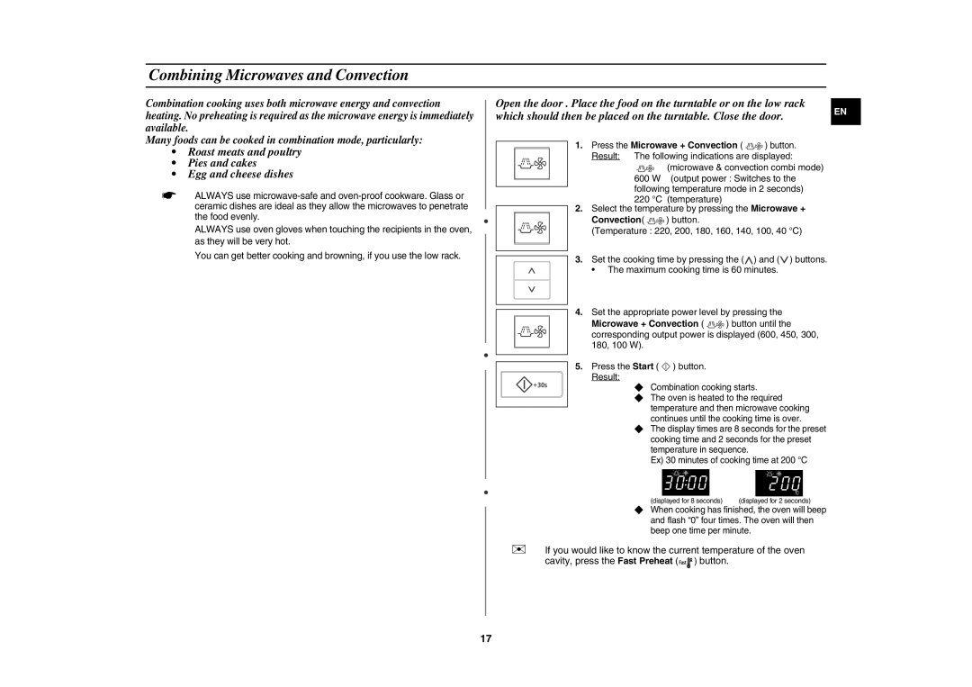 Samsung CE107V-B/XEO, CE107V/XEH manual Combining Microwaves and Convection,  Combination cooking starts 