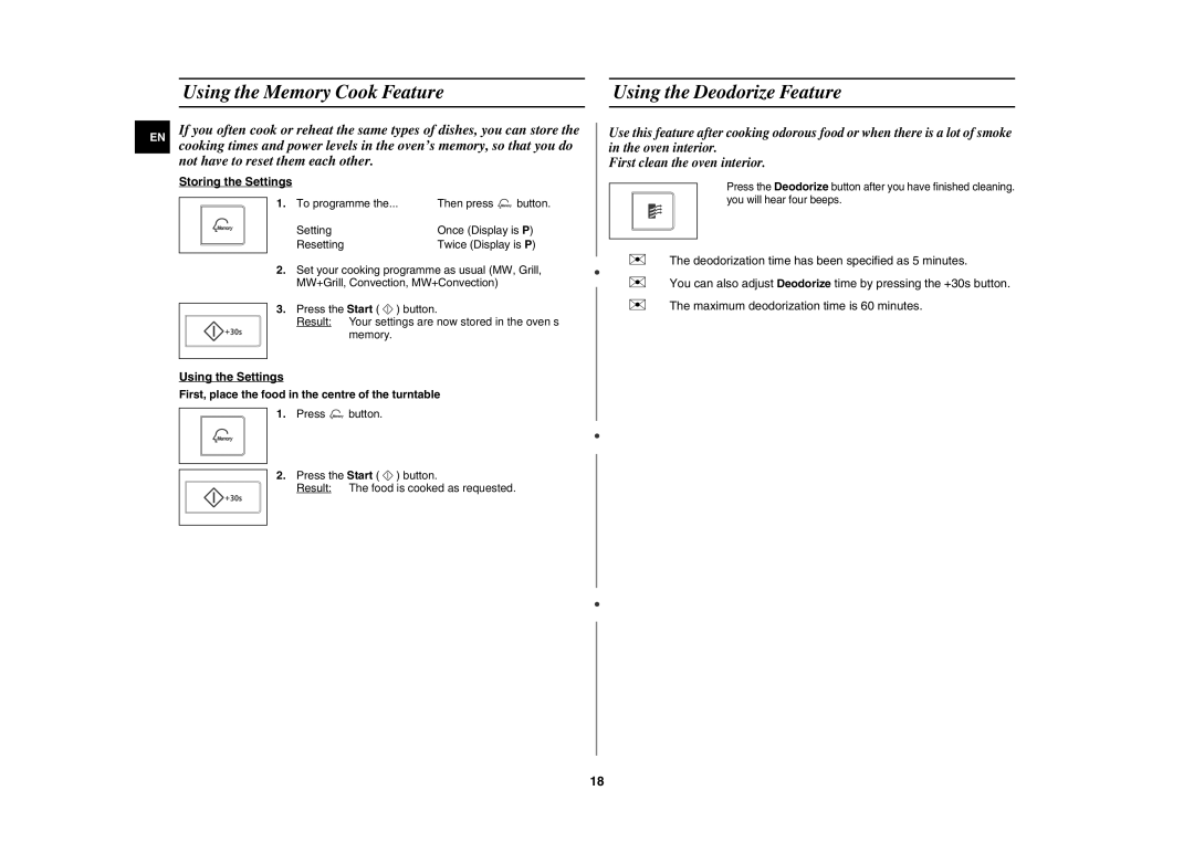 Samsung CE107V/XEH, CE107V-B/XEO manual Using the Memory Cook Feature, Using the Deodorize Feature, Storing the Settings 