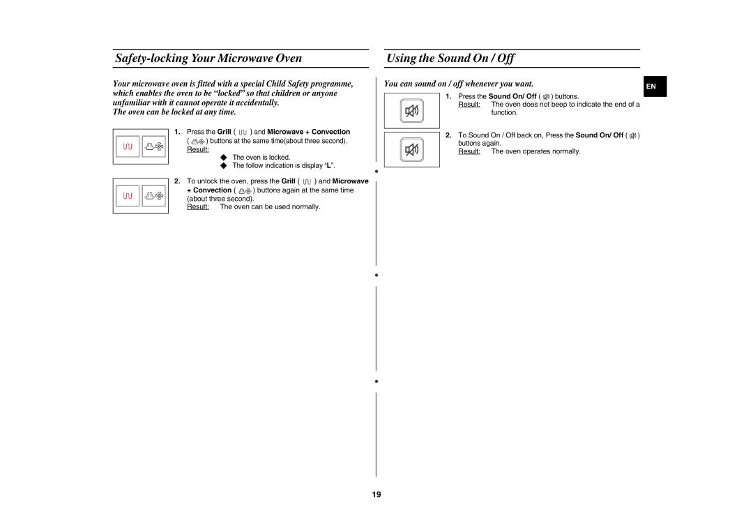 Samsung CE107V-B/XEO, CE107V/XEH manual Safety-locking Your Microwave Oven Using the Sound On / Off 
