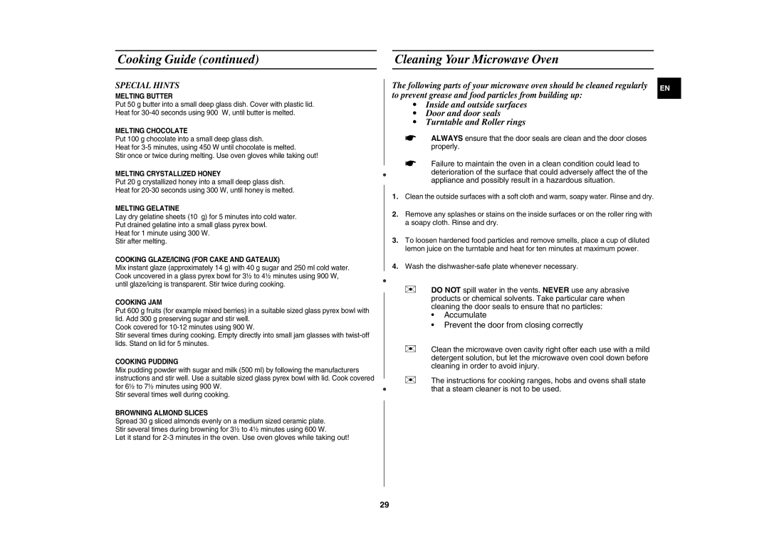 Samsung CE107V-B/XEO, CE107V/XEH manual Cooking Guide Cleaning Your Microwave Oven, Special Hints 
