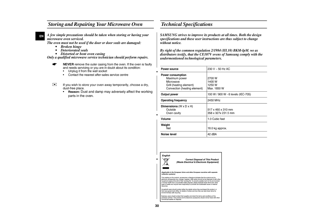 Samsung CE107V/XEH, CE107V-B/XEO manual Dimensions W x D x H, Noise level 