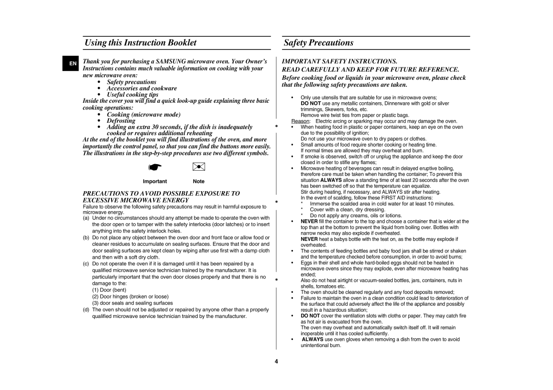 Samsung CE107V/XEH, CE107V-B/XEO manual Using this Instruction Booklet Safety Precautions, Important Note 