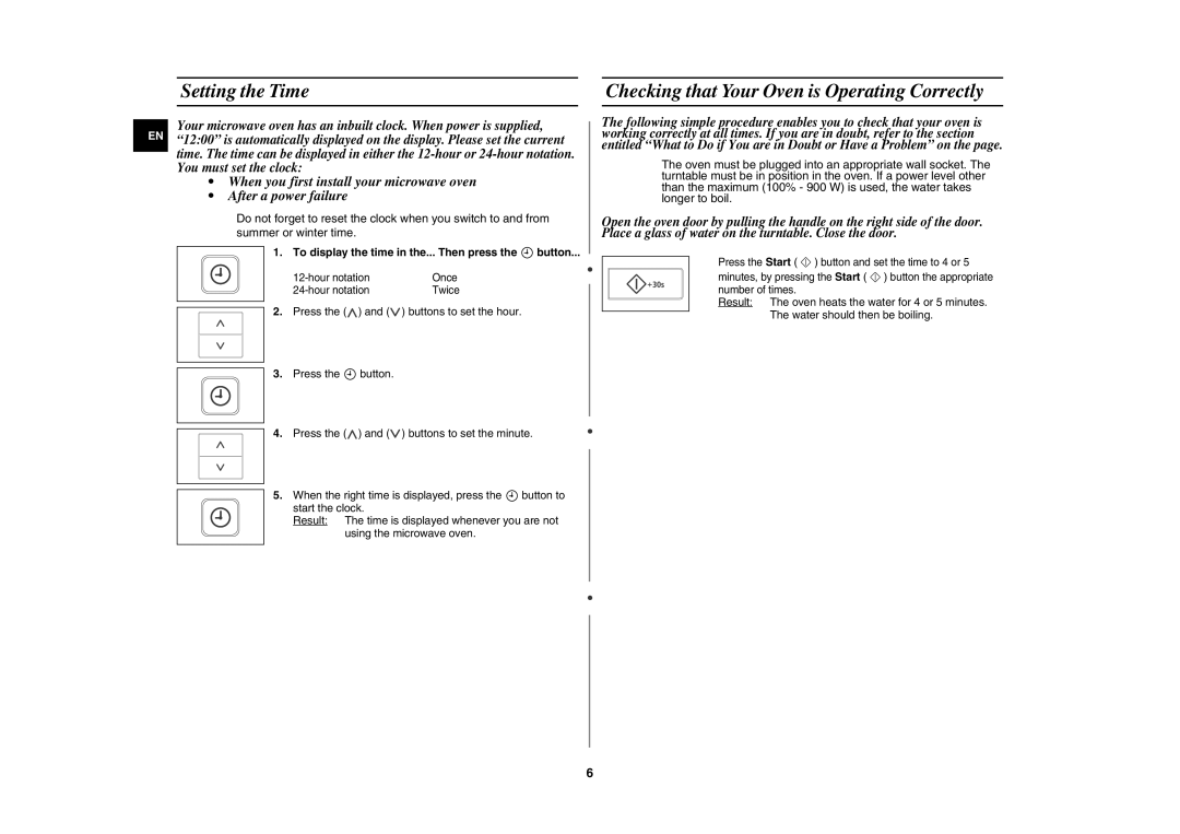 Samsung CE107V/XEH, CE107V-B/XEO manual Setting the Time, Checking that Your Oven is Operating Correctly 