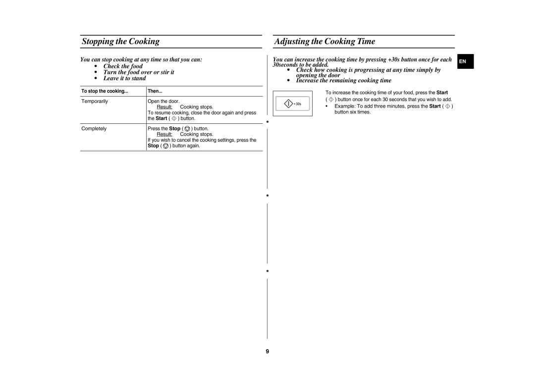 Samsung CE107V-B/XEO, CE107V/XEH manual Stopping the Cooking, Adjusting the Cooking Time, Start, To stop the cooking Then 