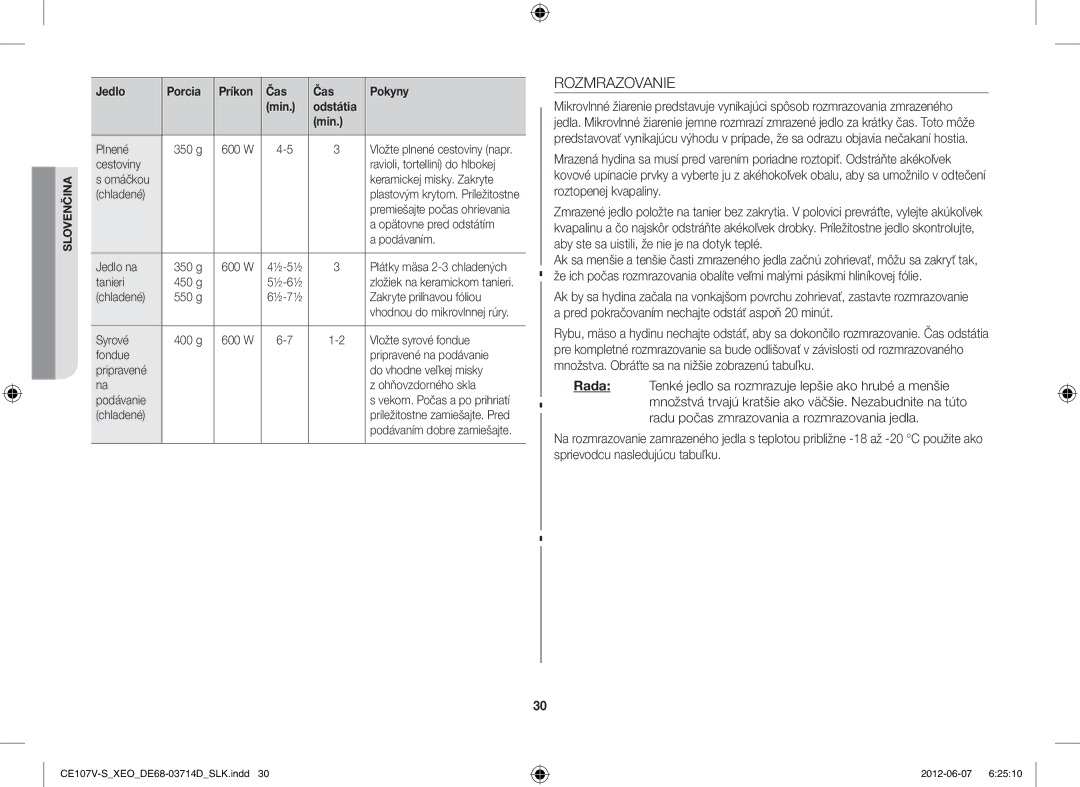 Samsung CE107V/XEH, CE107V-B/XEO manual Rozmrazovanie 