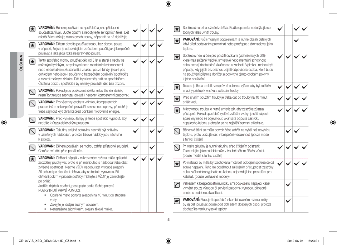 Samsung CE107V/XEH, CE107V-B/XEO manual Varování Dětem dovolte používat troubu bez dozoru pouze 