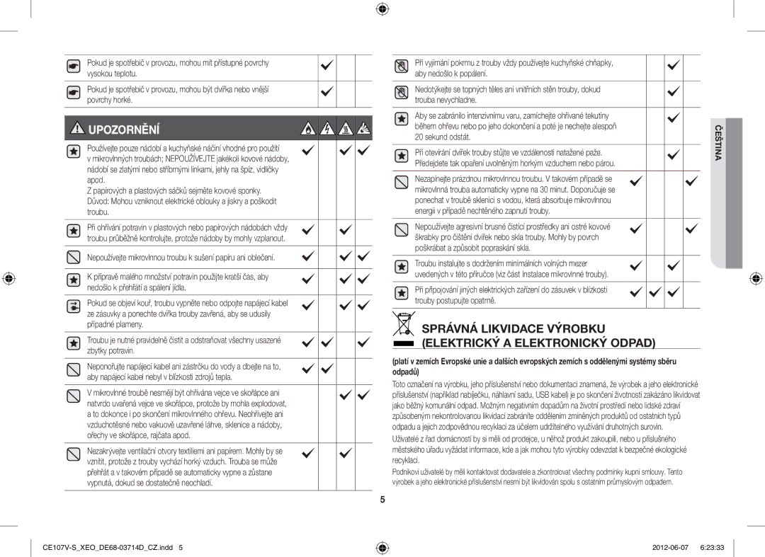 Samsung CE107V-B/XEO, CE107V/XEH manual Správná Likvidace Výrobku Elektrický a Elektronický Odpad, Sekund odstát 