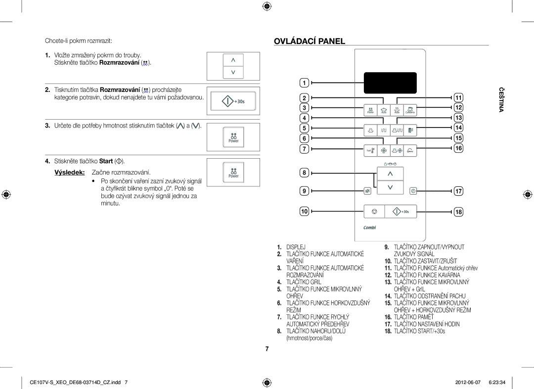 Samsung CE107V-B/XEO, CE107V/XEH manual Ohřev + GrIL, Tlačítko START/+30s, Hmotnost/porce/čas 