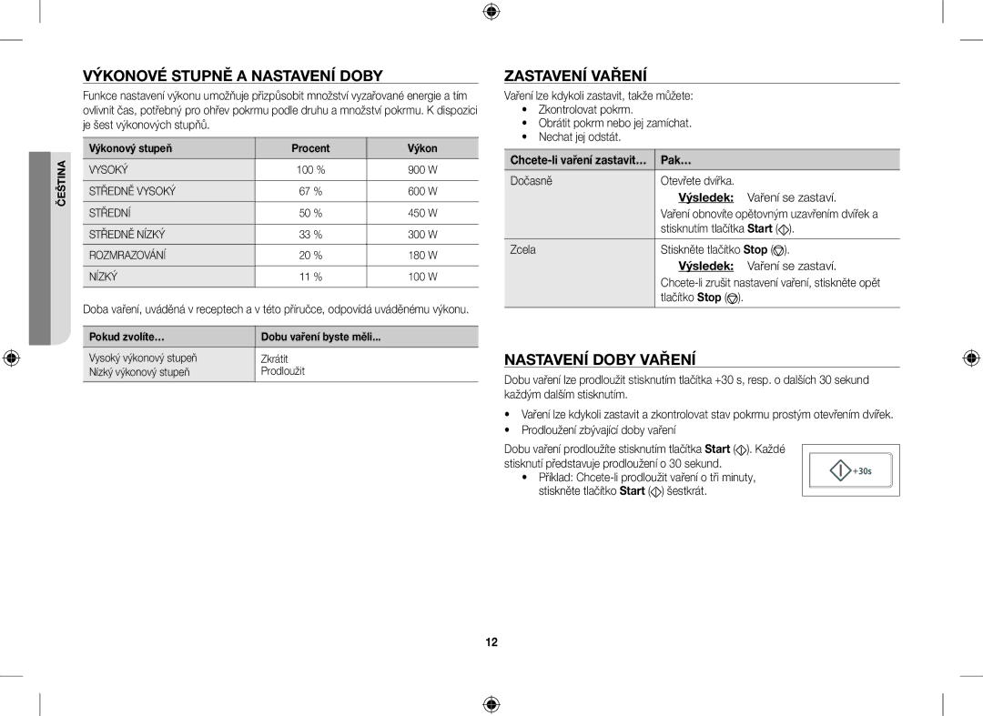 Samsung CE107V/XEH, CE107V-B/XEO manual Výkonové Stupně a Nastavení Doby, Zastavení Vaření, Nastavení Doby Vaření, Pak… 