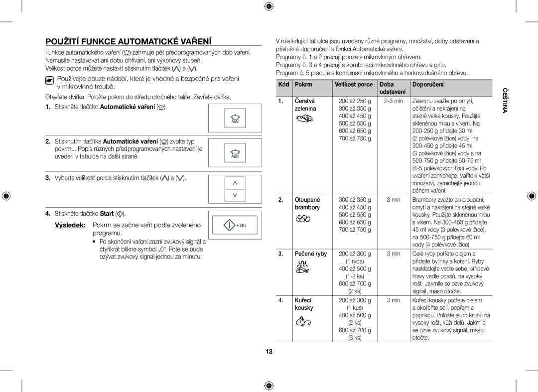 Samsung CE107V-B/XEO Použití Funkce Automatické Vaření, Stiskněte tlačítko Automatické vaření, Kód Pokrm, Doba Doporučení 