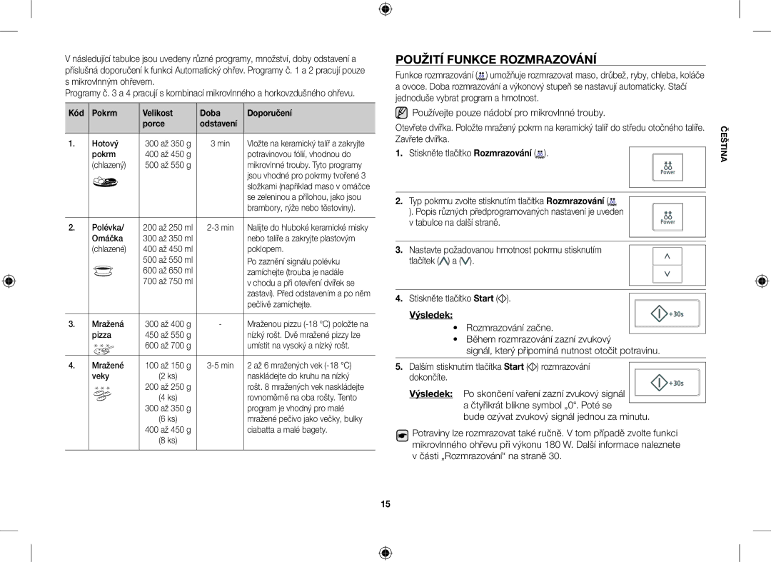 Samsung CE107V-B/XEO, CE107V/XEH Použití Funkce Rozmrazování, Nastavte požadovanou hmotnost pokrmu stisknutím Tlačítek a 