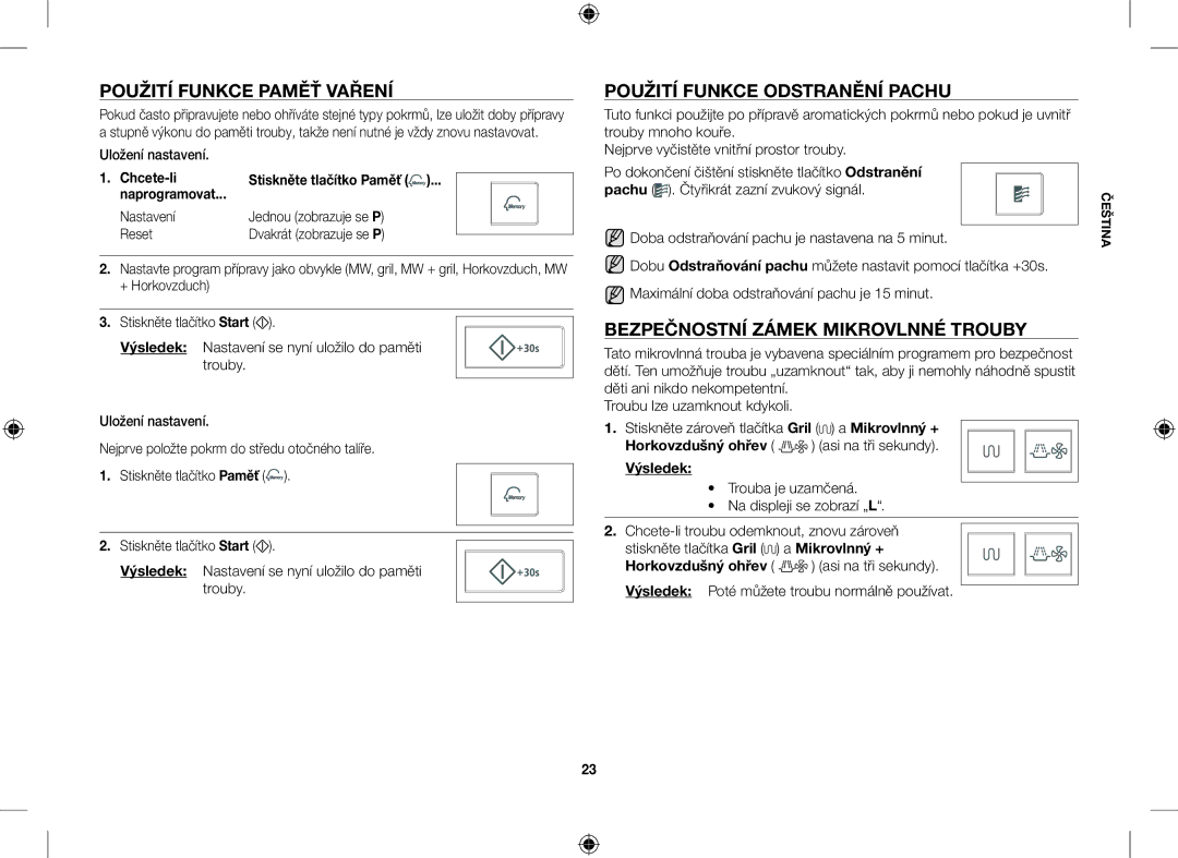 Samsung CE107V-B/XEO Použití Funkce Paměť Vaření, Použití Funkce Odstranění Pachu, Bezpečnostní Zámek Mikrovlnné Trouby 