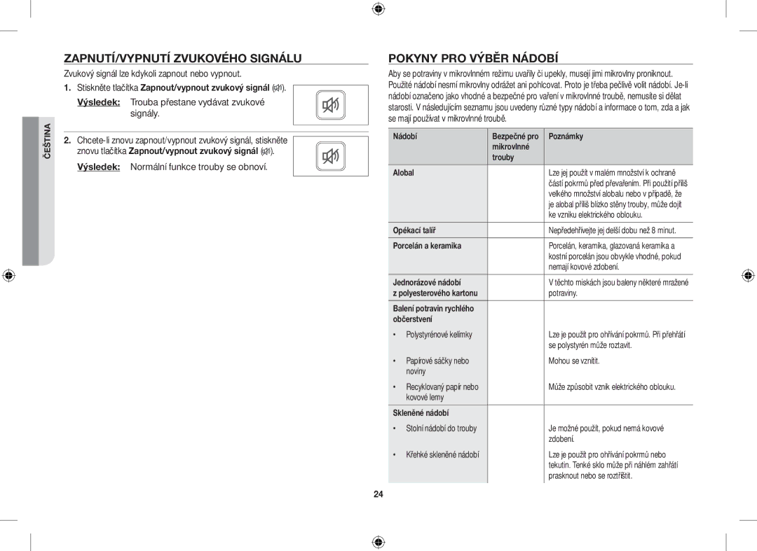 Samsung CE107V/XEH, CE107V-B/XEO manual ZAPNUTÍ/VYPNUTÍ Zvukového Signálu, Pokyny PRO Výběr Nádobí 