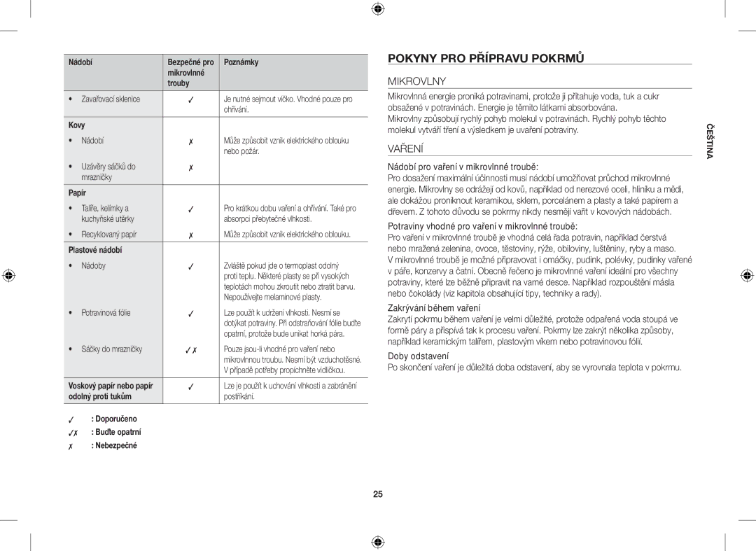 Samsung CE107V-B/XEO, CE107V/XEH manual Pokyny PRO Přípravu Pokrmů, Mikrovlny, Vaření 