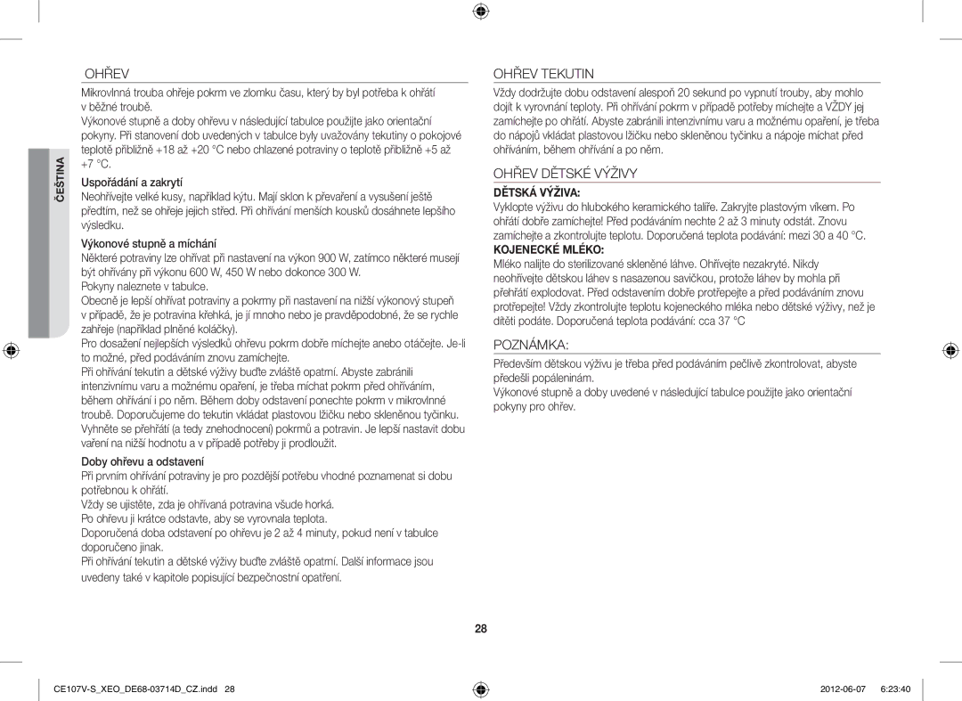 Samsung CE107V/XEH, CE107V-B/XEO manual Ohřev Tekutin, Ohřev Dětské Výživy 