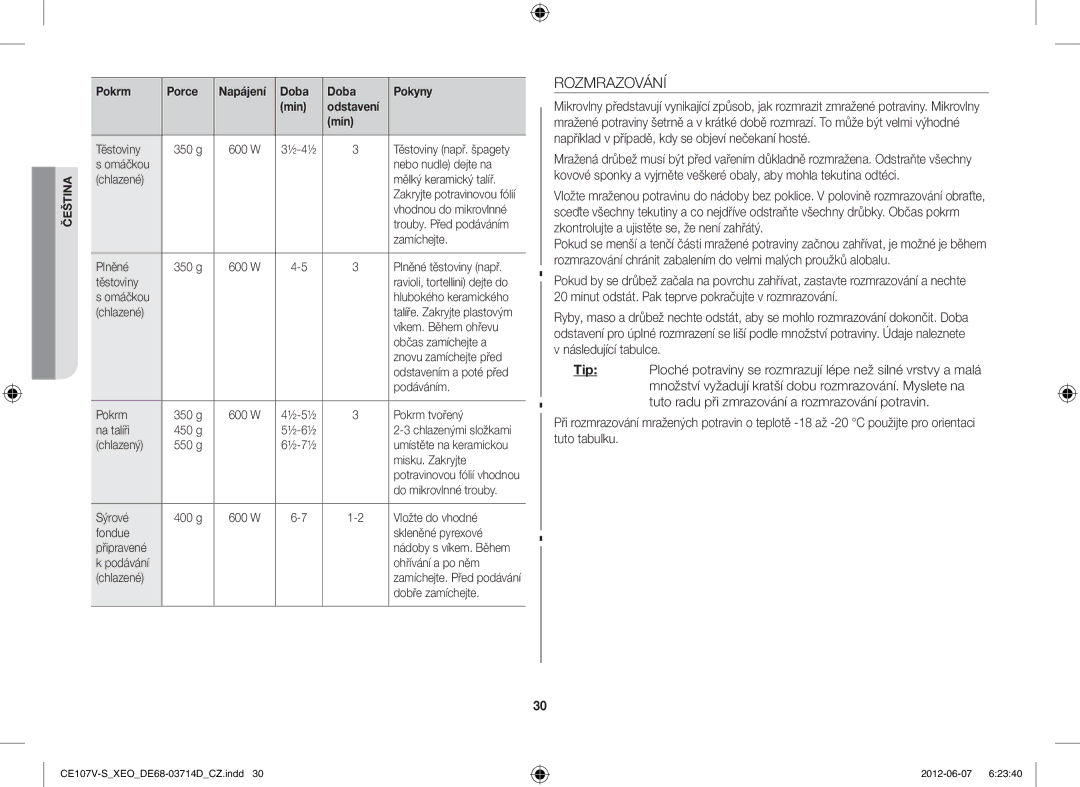 Samsung CE107V/XEH, CE107V-B/XEO manual Rozmrazování 