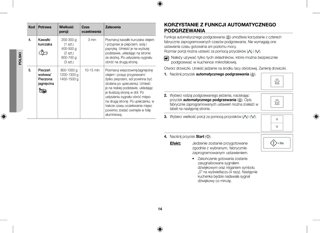 Samsung CE107V/XEH manual Korzystanie Z Funkcji Automatycznego Podgrzewania, Naciśnij przycisk automatycznego podgrzewania 