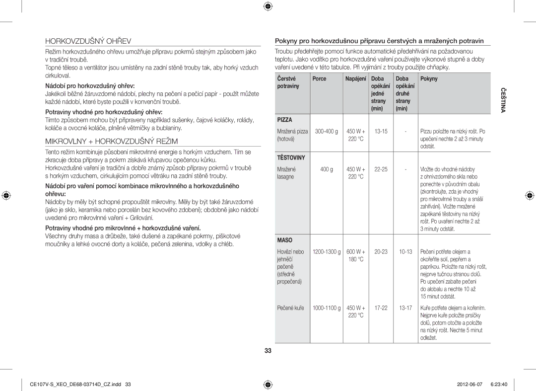 Samsung CE107V-B/XEO, CE107V/XEH manual Horkovzdušný Ohřev, Mikrovlny + Horkovzdušný Režim 