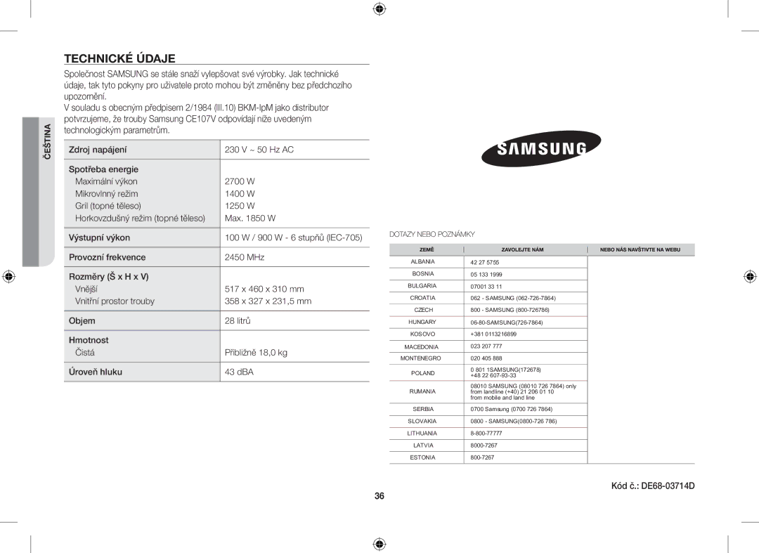 Samsung CE107V/XEH, CE107V-B/XEO manual Technické Údaje 