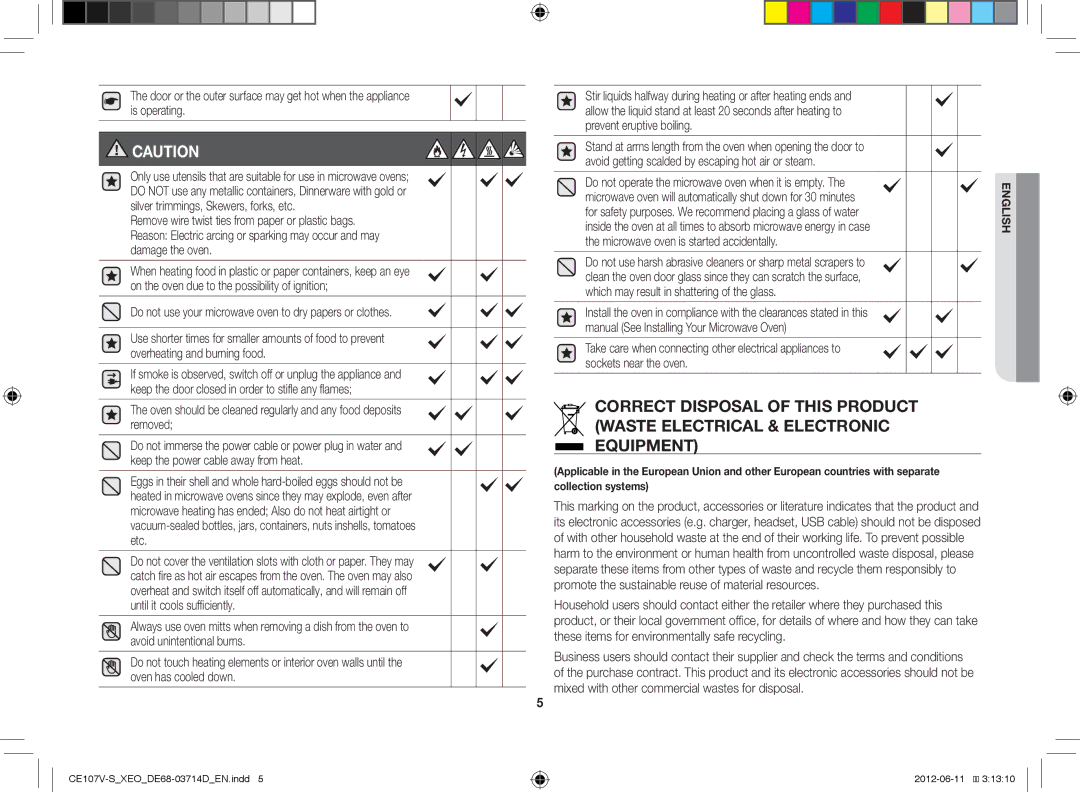 Samsung CE107V-B/XEO, CE107V/XEH manual Do not use your microwave oven to dry papers or clothes 