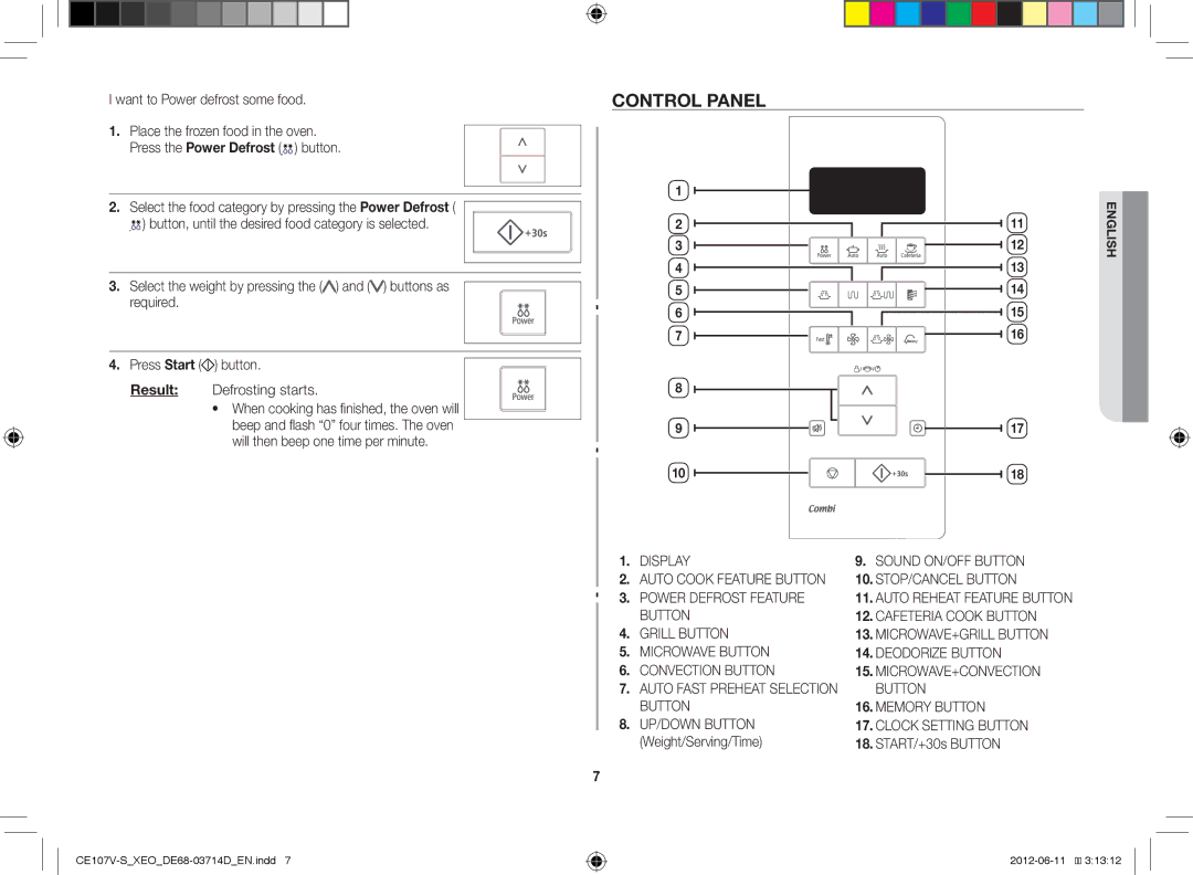 Samsung CE107V-B/XEO Control Panel, Want to Power defrost some food, START/+30s Button, UP/DOWN Button Weight/Serving/Time 