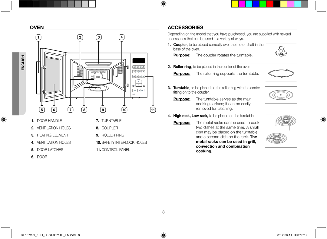 Samsung CE107V/XEH, CE107V-B/XEO manual Oven, Accessories, Purpose, High rack, Low rack, to be placed on the turntable 