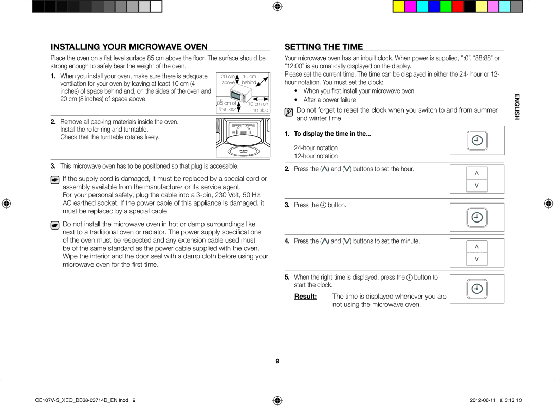 Samsung CE107V-B/XEO, CE107V/XEH manual Installing Your Microwave Oven, Setting the Time, To display the time 