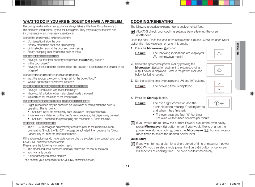 Samsung CE107V-B/XEO, CE107V/XEH manual Cooking/Reheating, Message indicates, Quick Start 